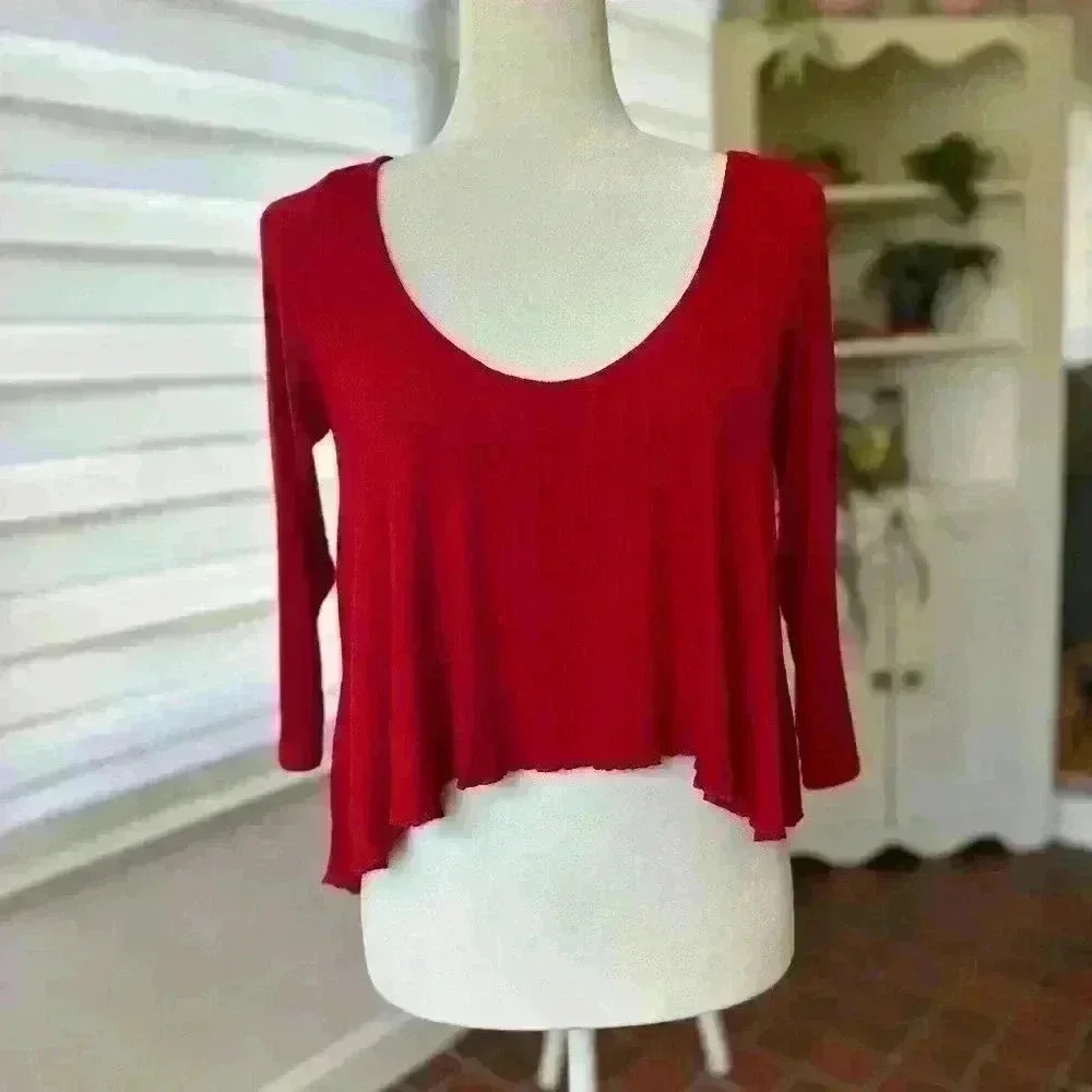 Rachel Pally Long Sleeve High Low Red Crop Top - Size Medium